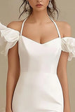 Ivory Sheath Halter High-Low Rehearsal Dinner Dress with Ruffles