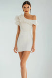 One Shoulder Ivory Bodycon Ruffled Satin Short Graduation Dress