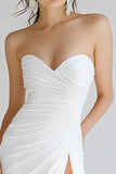 White Sheath Strapless Ruched Asymmetrical Rehearsal Dinner Dress with Slit