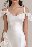 White Sheath Cold Shoulder Asymmetrical Rehearsal Dinner Dress with Ruffles