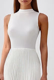 White Sheath High Neck Sleeveless Pleated Long Rehearsal Dinner Dress