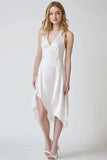 Sheath V-Neck Satin White Asymmetrical Graduation Dress