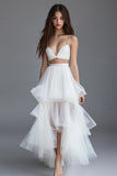 White 2 Pieces A Line Tulle Tiered Maxi Rehearsal Dinner Dress