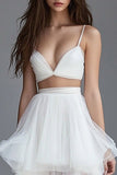 White 2 Pieces A Line Tulle Tiered Maxi Rehearsal Dinner Dress