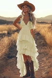Ivory A Line Plus Size Tiered Spaghetti Straps High-Low Boho Dress
