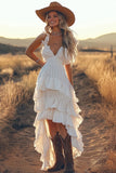 Ivory A Line Tiered Spaghetti Straps High-Low Boho Dress