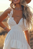 Ivory A Line Tiered Spaghetti Straps High-Low Boho Dress