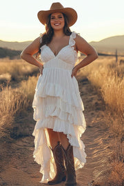 Ivory A Line Plus Size Tiered Spaghetti Straps High-Low Boho Dress