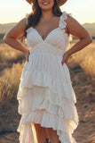 Ivory A Line Plus Size Tiered Spaghetti Straps High-Low Boho Dress