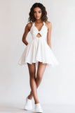 White A Line Halter Sleeveless Keyhole Mini Graduation Dress