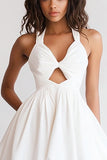 White A Line Halter Sleeveless Keyhole Mini Graduation Dress