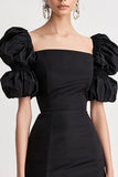 Black Satin Bodycon Puff Sleeves Mini Grduation Dress