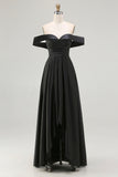 Black Satin A Line Off the Shoulder Long Formal Dress with Slit