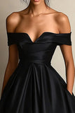 Black A Line Off the Shoulder Satin Maxi Formal Dress with Slit