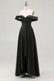 Black Satin A Line Off the Shoulder Long Formal Dress with Slit