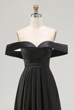 Black Satin A Line Off the Shoulder Long Formal Dress with Slit