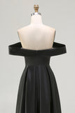 Black Satin A Line Off the Shoulder Long Formal Dress with Slit