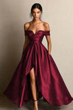 Black A Line Off the Shoulder Satin Maxi Formal Dress with Slit