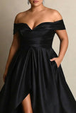 Black A Line Off the Shoulder Satin Maxi Formal Dress with Slit