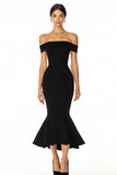 Black Off the Shoulder Mermaid Satin Midi Formal Dress