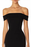 Black Off the Shoulder Mermaid Satin Midi Formal Dress