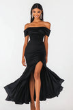 Black Satin Off the Shoulder Mermaid Maxi Formal Dress with Slit