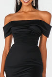Black Satin Off the Shoulder Mermaid Maxi Formal Dress with Slit