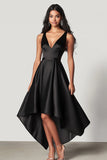 Black Satin A Line V-Neck Asymmetrical Formal Dress