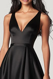 Black Satin A Line V-Neck Asymmetrical Formal Dress