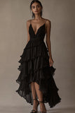 Black Chiffon A Line Tiered High-Low Formal Dress with Ruffles
