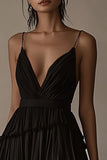 Black Chiffon A Line Tiered High-Low Formal Dress with Ruffles