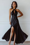 Black Satin Halter Keyhole Maxi Formal Dress with Slit