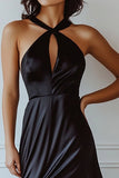 Black Satin Halter Keyhole Maxi Formal Dress with Slit
