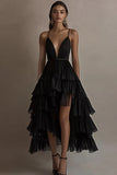 Black Tiered A Line Asymmetrical Formal Dress with Ruffles