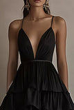 Black Tiered A Line Asymmetrical Formal Dress with Ruffles