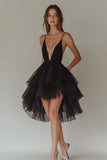 Black Tiered V-Neck A Line Tulle High-Low Graduation Dress