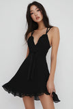 Black A Line Satin Mini Graduation Dress with Sash