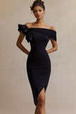 Black Off the Shoulder Satin Bodycon Short Cocktail Dress