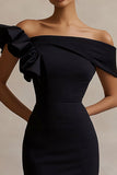 Black Off the Shoulder Satin Bodycon Short Cocktail Dress