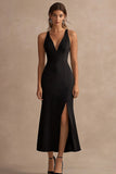 Black Satin V-Neck Sheath Maxi Formal Dress with Slit