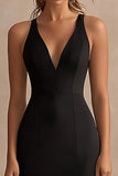 Black Satin V-Neck Sheath Maxi Formal Dress with Slit