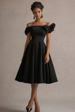 Black Off the Shoulder Satin A Line Midi Formal Dress with Bow