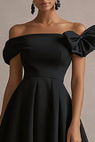 Black Off the Shoulder Satin A Line Midi Formal Dress with Bow