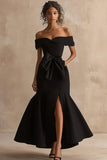 Black Off the Shoulder Mermaid Satin Maxi Formal Dress with Slit