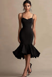 Black Spaghetti Straps Mermaid Satin Midi Cocktail Dress with Ruffles