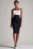 Black and White Satin Bodycon Strapless Midi Cocktail Dress