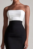 Black and White Satin Bodycon Strapless Midi Cocktail Dress