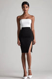 Black and White Satin Strapless Bodycon Short Graduation Dress with Slit