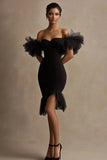 Black Satin Off the Shoulder Bodycon Ruffled Short Cocktail Dress