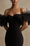 Black Satin Off the Shoulder Bodycon Ruffled Short Cocktail Dress